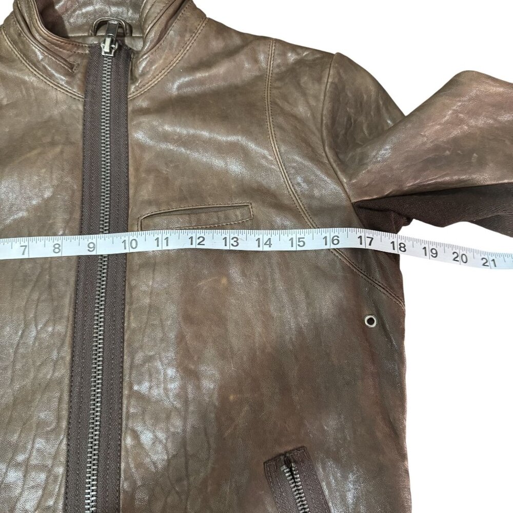 VEDA Brown Leather Moto Jacket Cropped Zip Front Stretch Panel Women’s XS - Picture 6 of 9